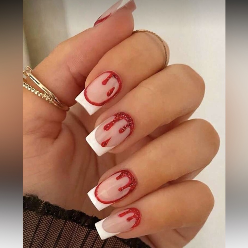 Red and White Drip Nails